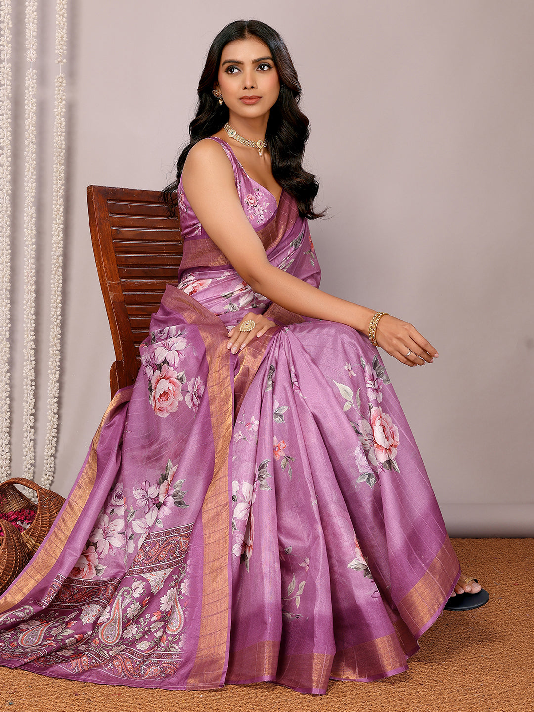 Janasya Purple Chanderi Silk Floral Printed Grab2Buy 