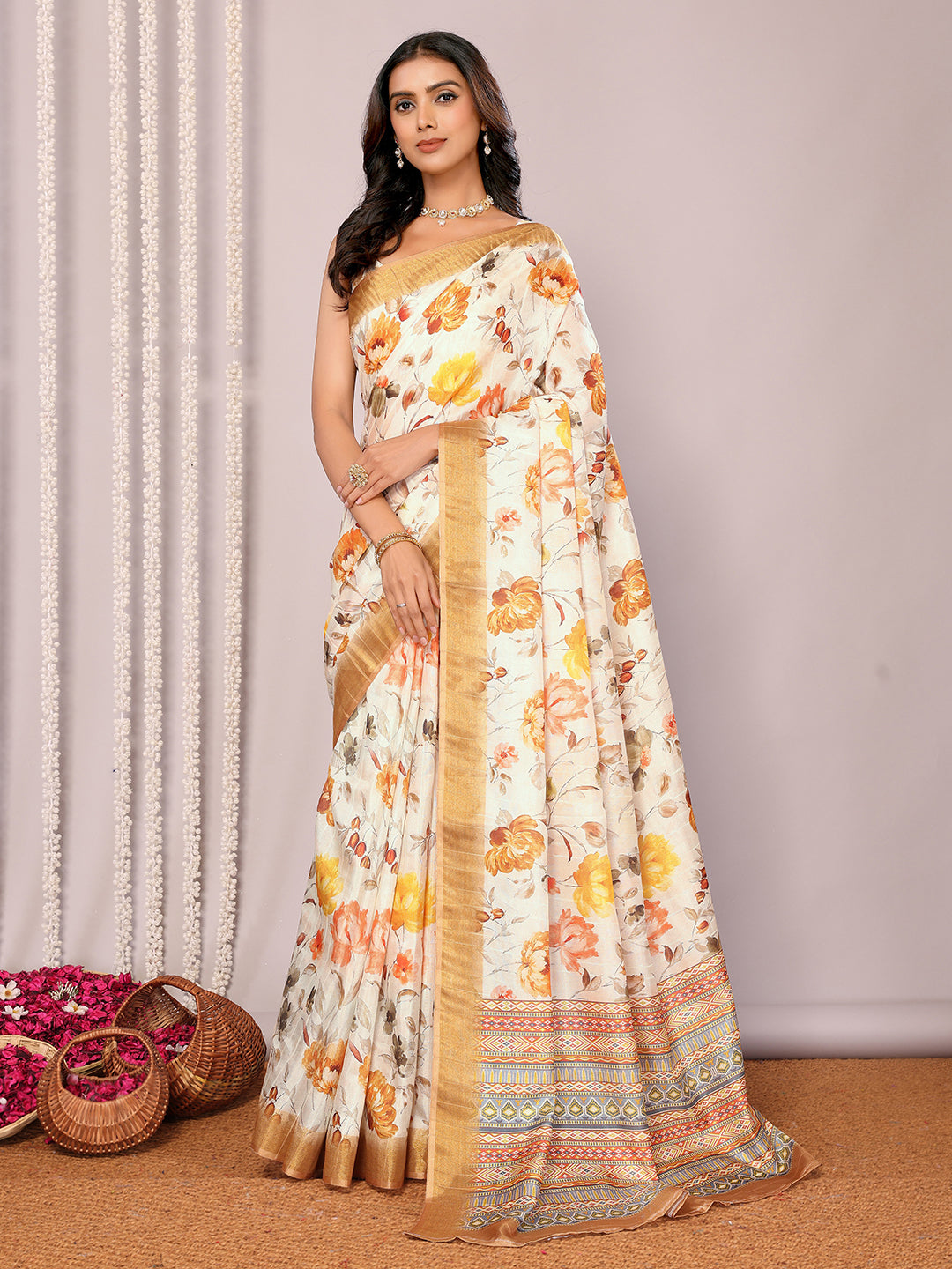 Janasya Cream Chanderi Silk Floral Printed Grab2Buy 