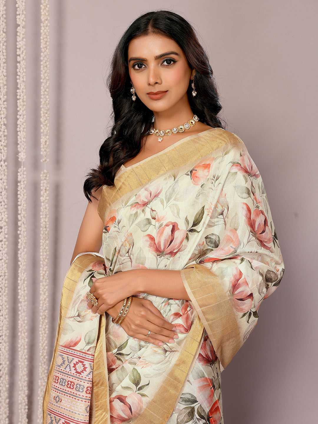 Janasya Cream Chanderi Silk Floral Printed Grab2Buy 