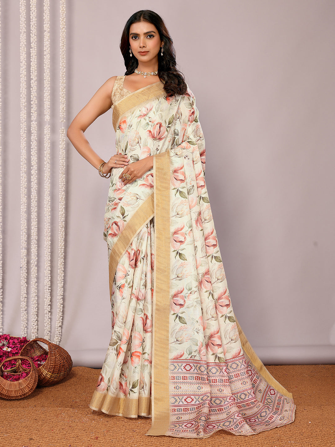Janasya Cream Chanderi Silk Floral Printed Grab2Buy 