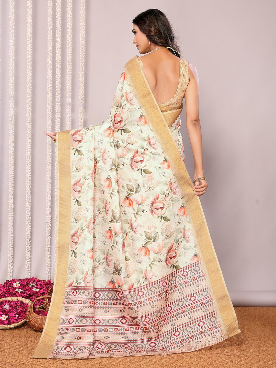 Janasya Cream Chanderi Silk Floral Printed Grab2Buy 