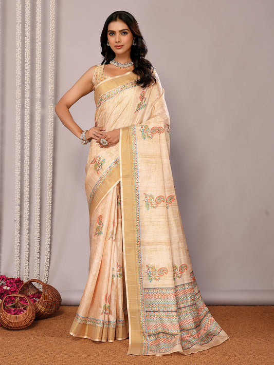 Janasya Beige Chanderi Silk Paisley Printed Grab2Buy 