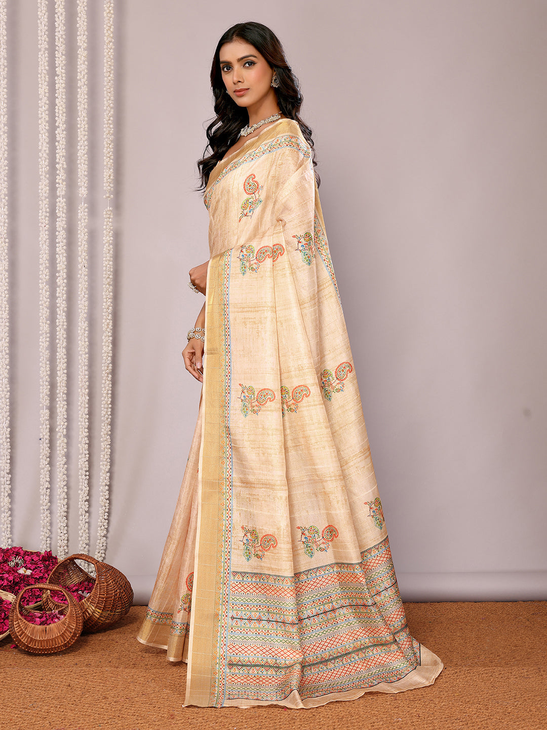 Janasya Beige Chanderi Silk Paisley Printed Grab2Buy 
