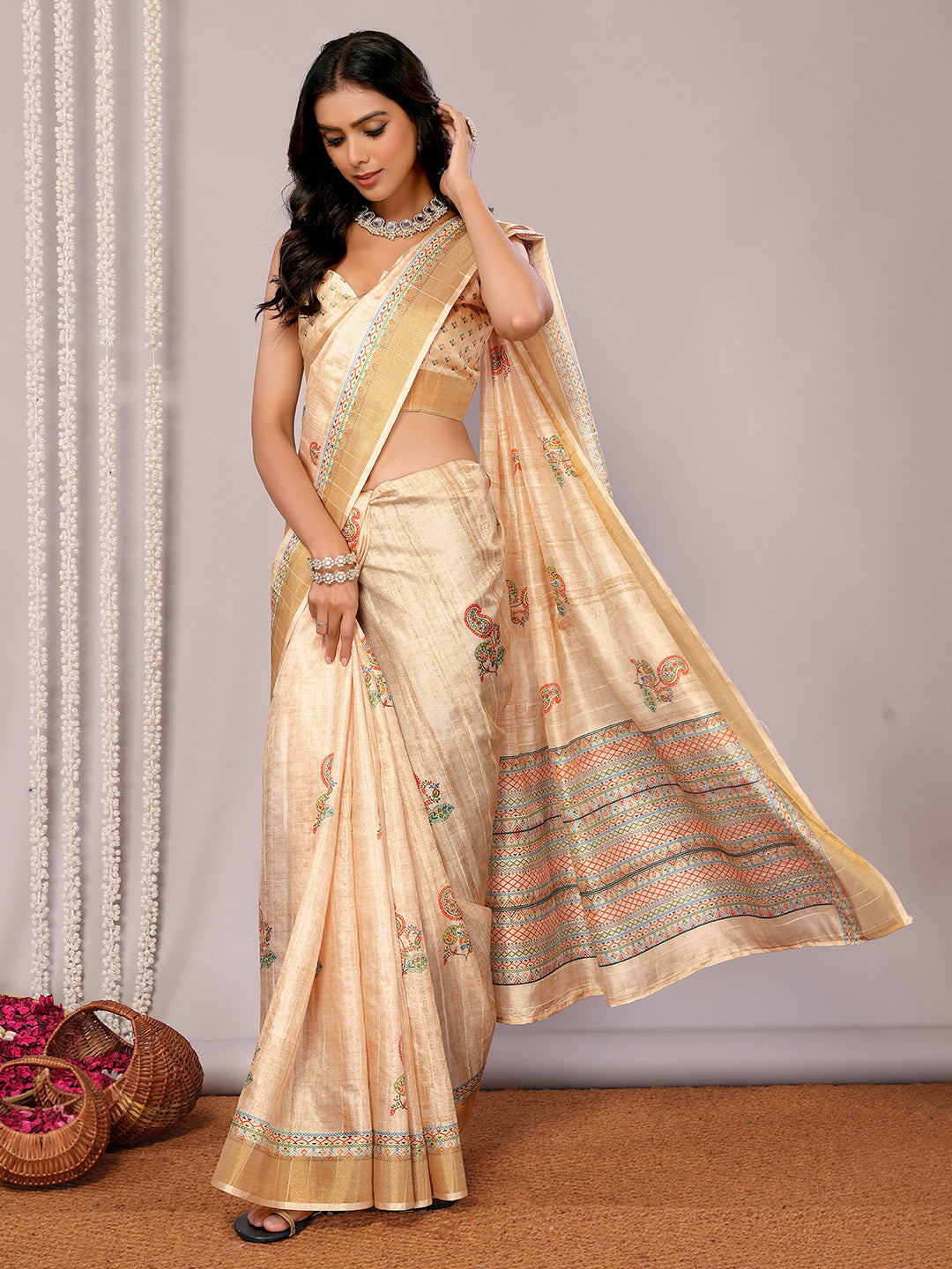 Janasya Beige Chanderi Silk Paisley Printed Grab2Buy 