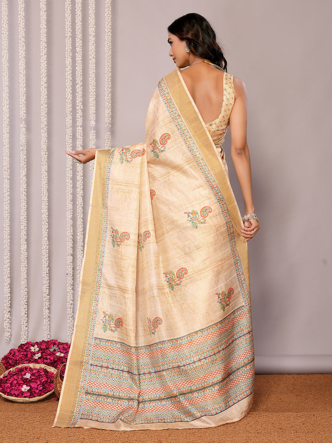 Janasya Beige Chanderi Silk Paisley Printed Grab2Buy 