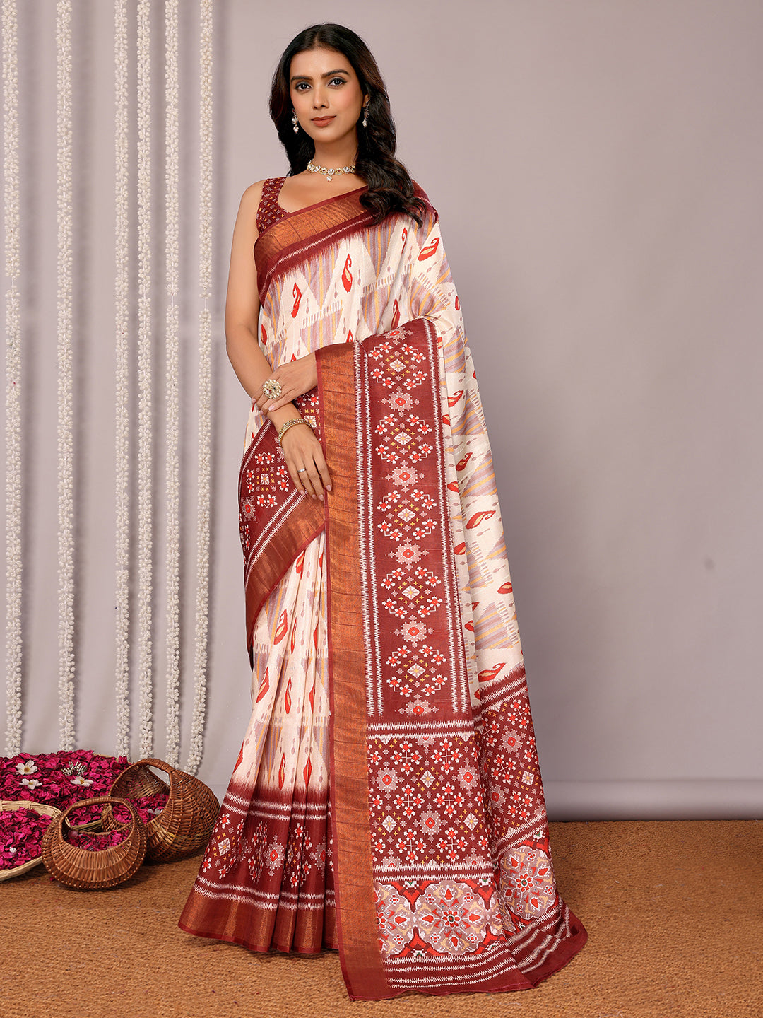Janasya Cream Chanderi Silk Ikkat Printed Grab2Buy 