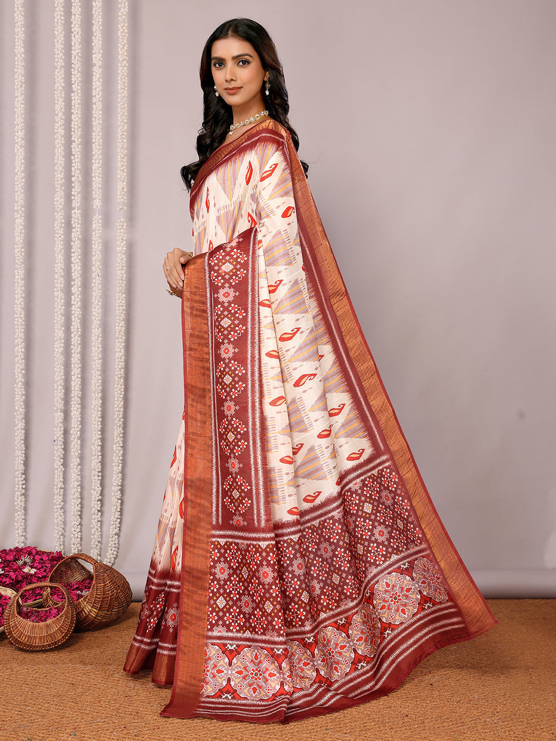 Janasya Cream Chanderi Silk Ikkat Printed Grab2Buy 