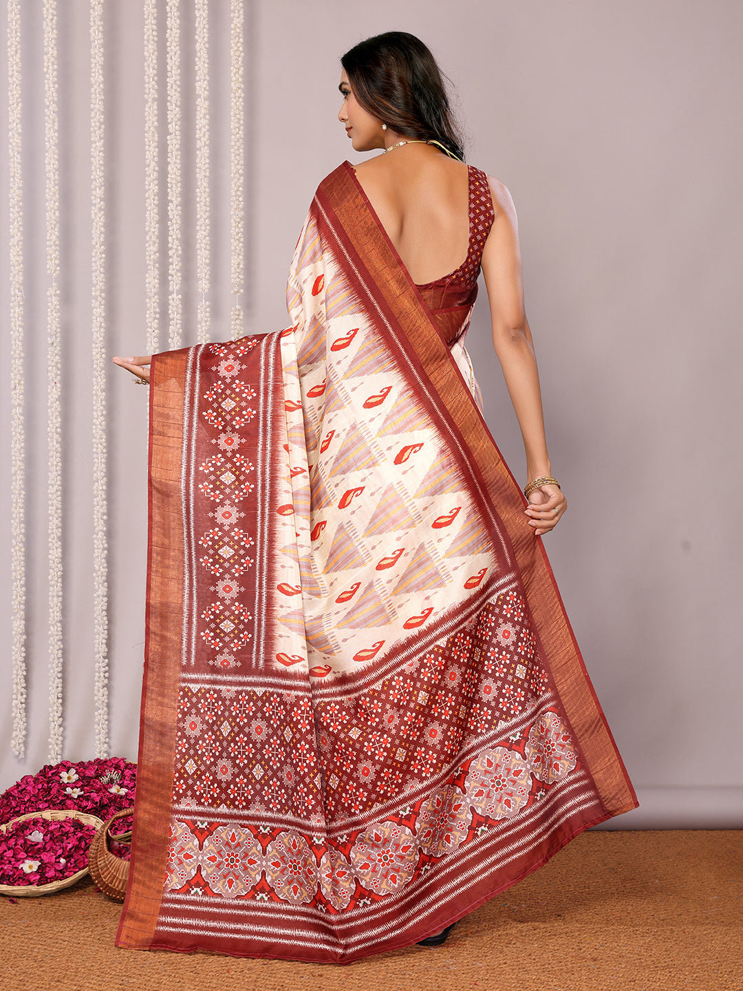 Janasya Cream Chanderi Silk Ikkat Printed Grab2Buy 