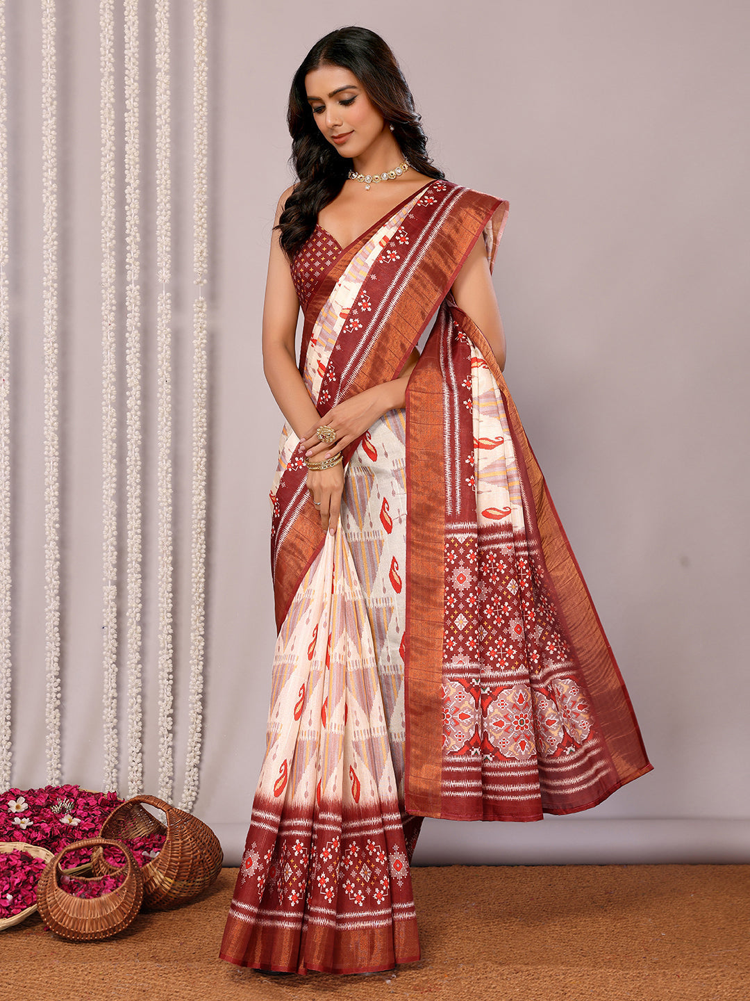 Janasya Cream Chanderi Silk Ikkat Printed Grab2Buy 