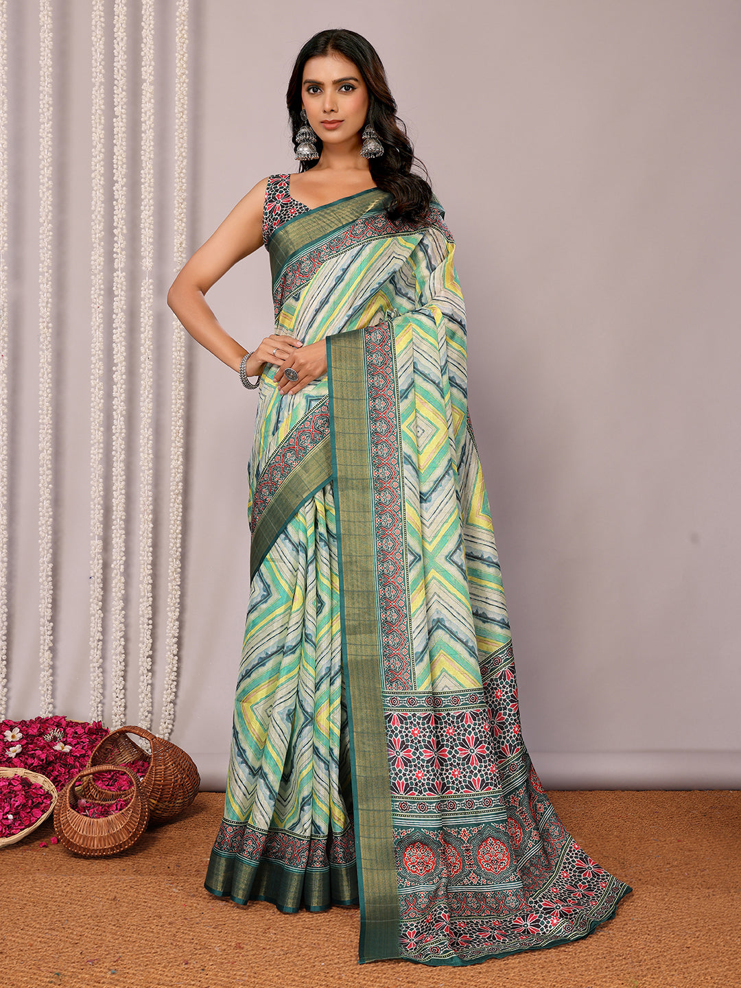 Janasya Green Chanderi Silk Chevron Printed Grab2Buy 