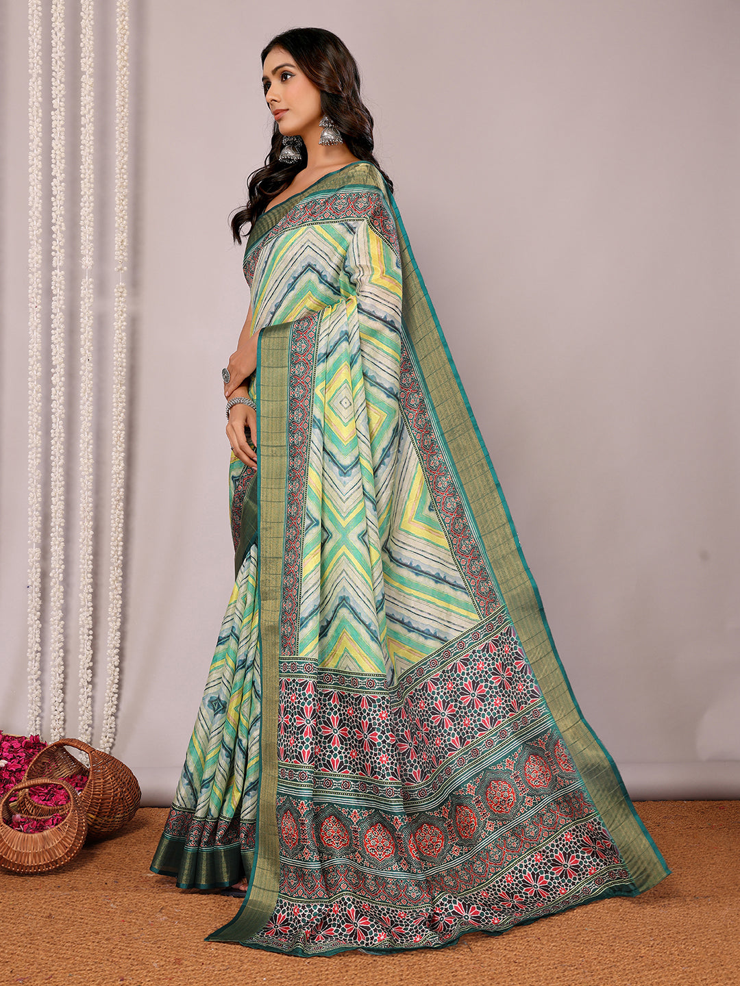 Janasya Green Chanderi Silk Chevron Printed Grab2Buy 