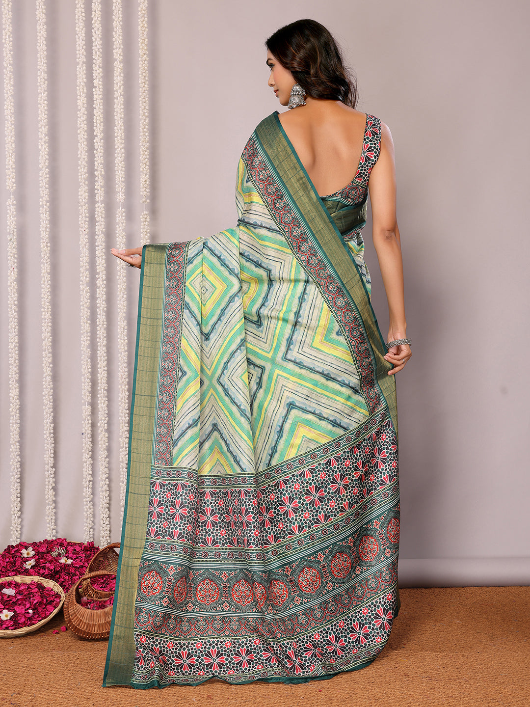 Janasya Green Chanderi Silk Chevron Printed Grab2Buy 