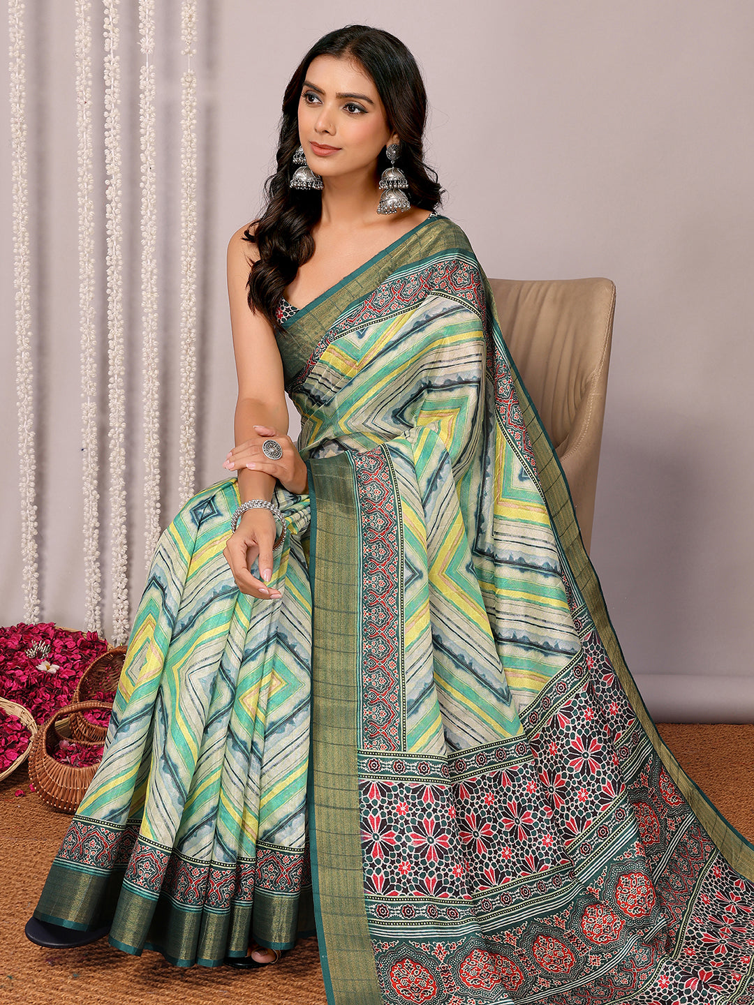 Janasya Green Chanderi Silk Chevron Printed Grab2Buy 
