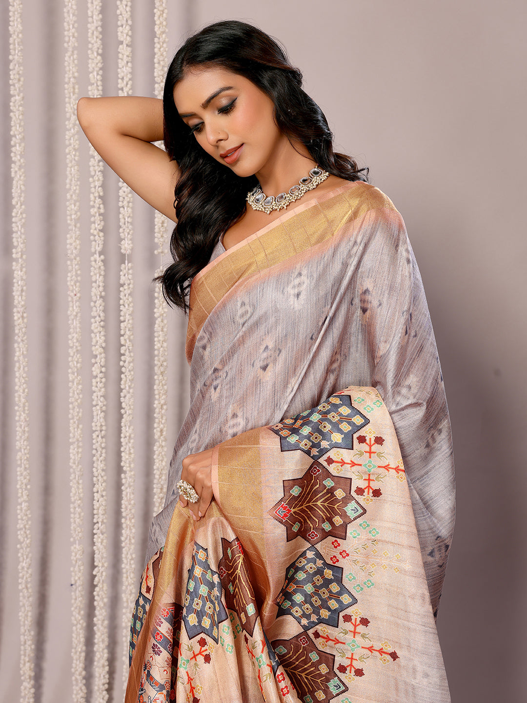 Janasya Beige Chanderi Silk Ethnic Print Printed Grab2Buy 
