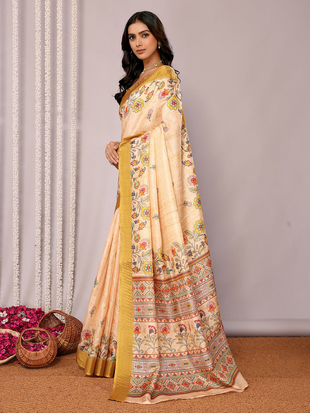 Janasya Beige Chanderi Silk Floral Printed Grab2Buy 