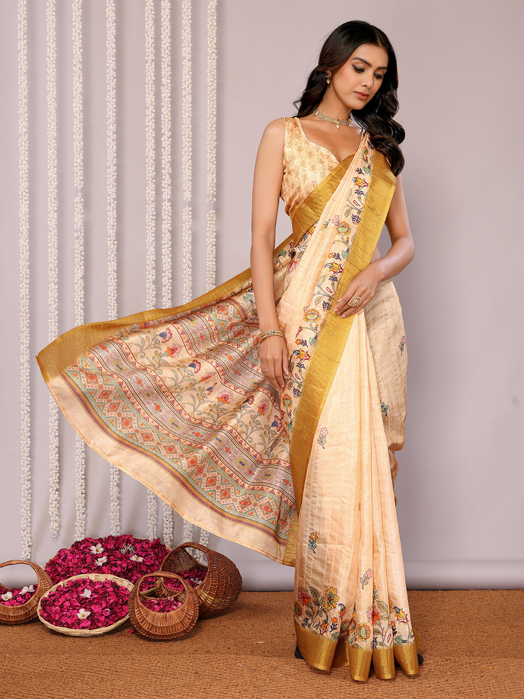 Janasya Beige Chanderi Silk Floral Printed Grab2Buy 