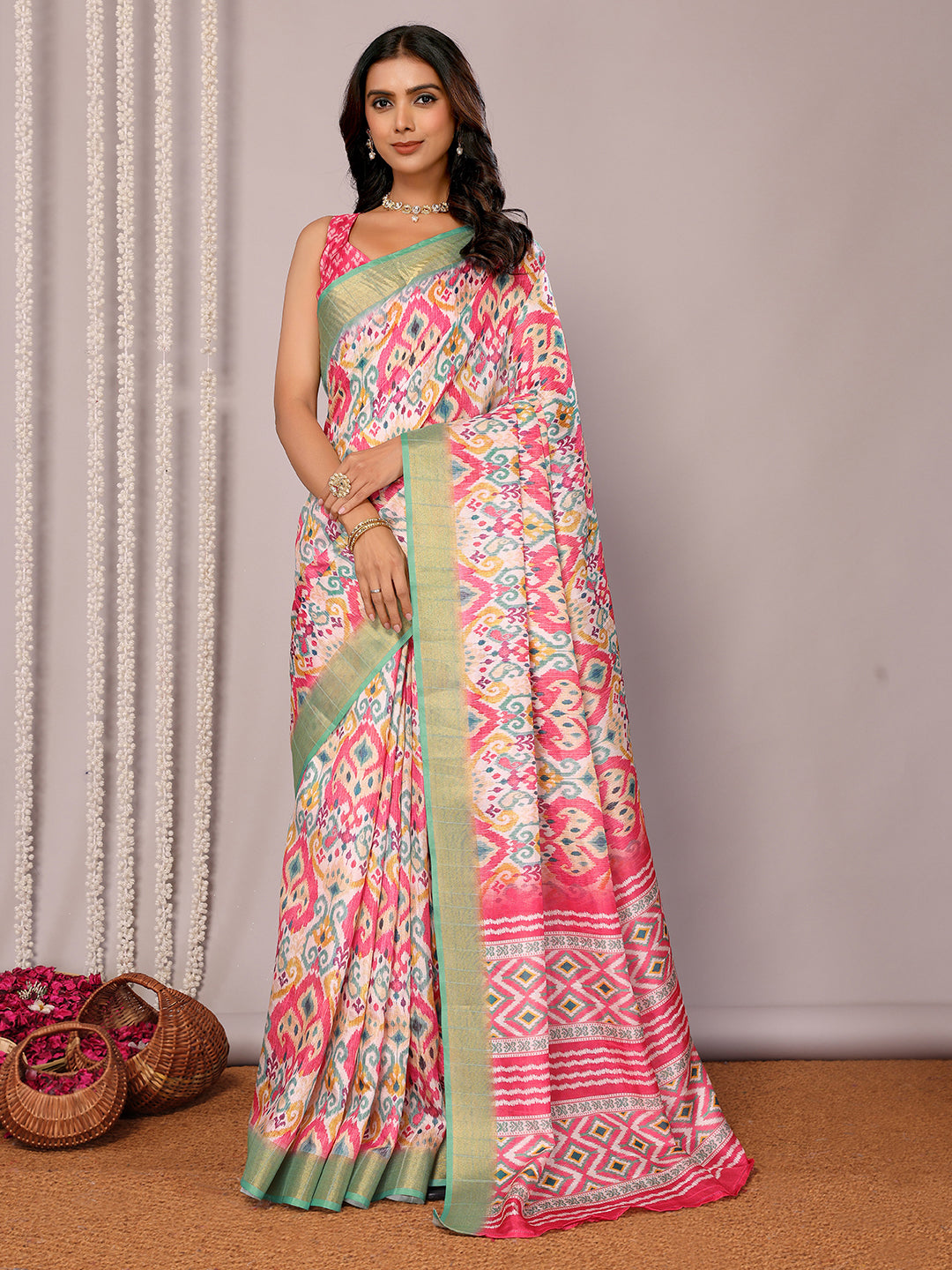 Janasya Pink Chanderi Silk Ikkat Printed Grab2Buy 