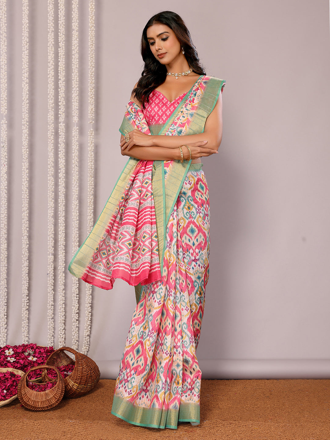 Janasya Pink Chanderi Silk Ikkat Printed Grab2Buy 