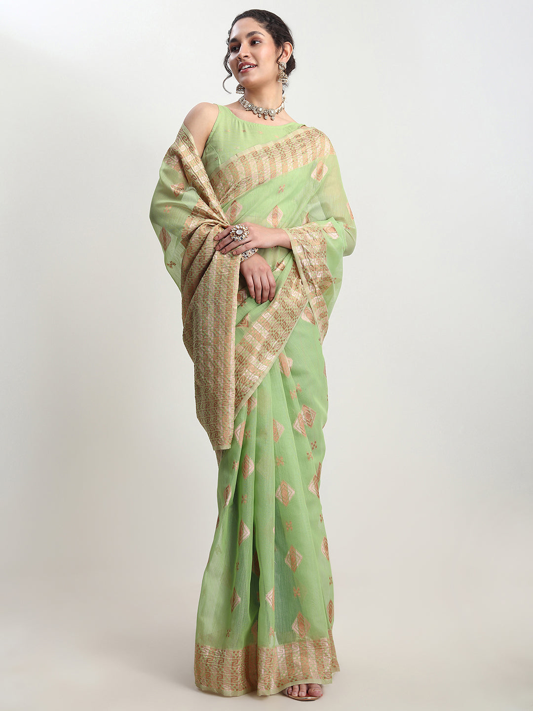Janasya Green Linen Blend Geometric Jacquard Grab2Buy 