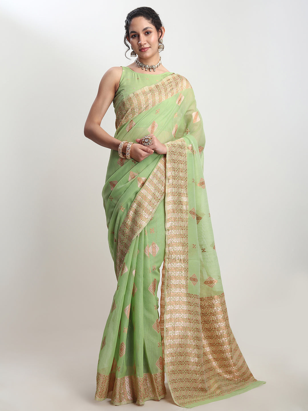 Janasya Green Linen Blend Geometric Jacquard Grab2Buy 