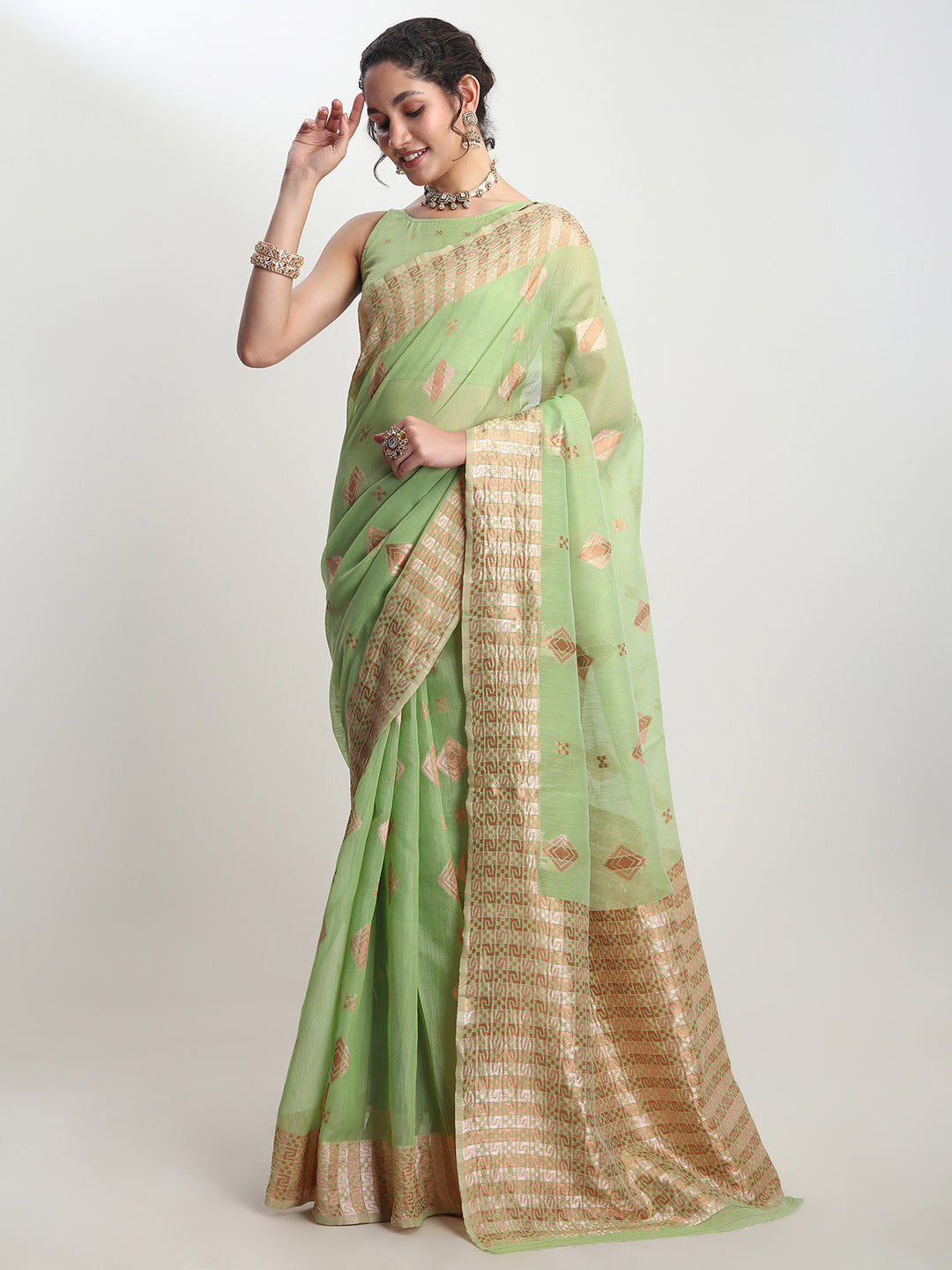 Janasya Green Linen Blend Geometric Jacquard Grab2Buy 
