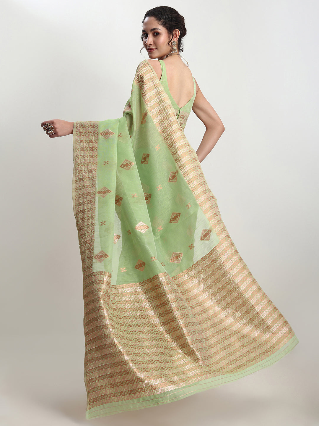 Janasya Green Linen Blend Geometric Jacquard Grab2Buy 