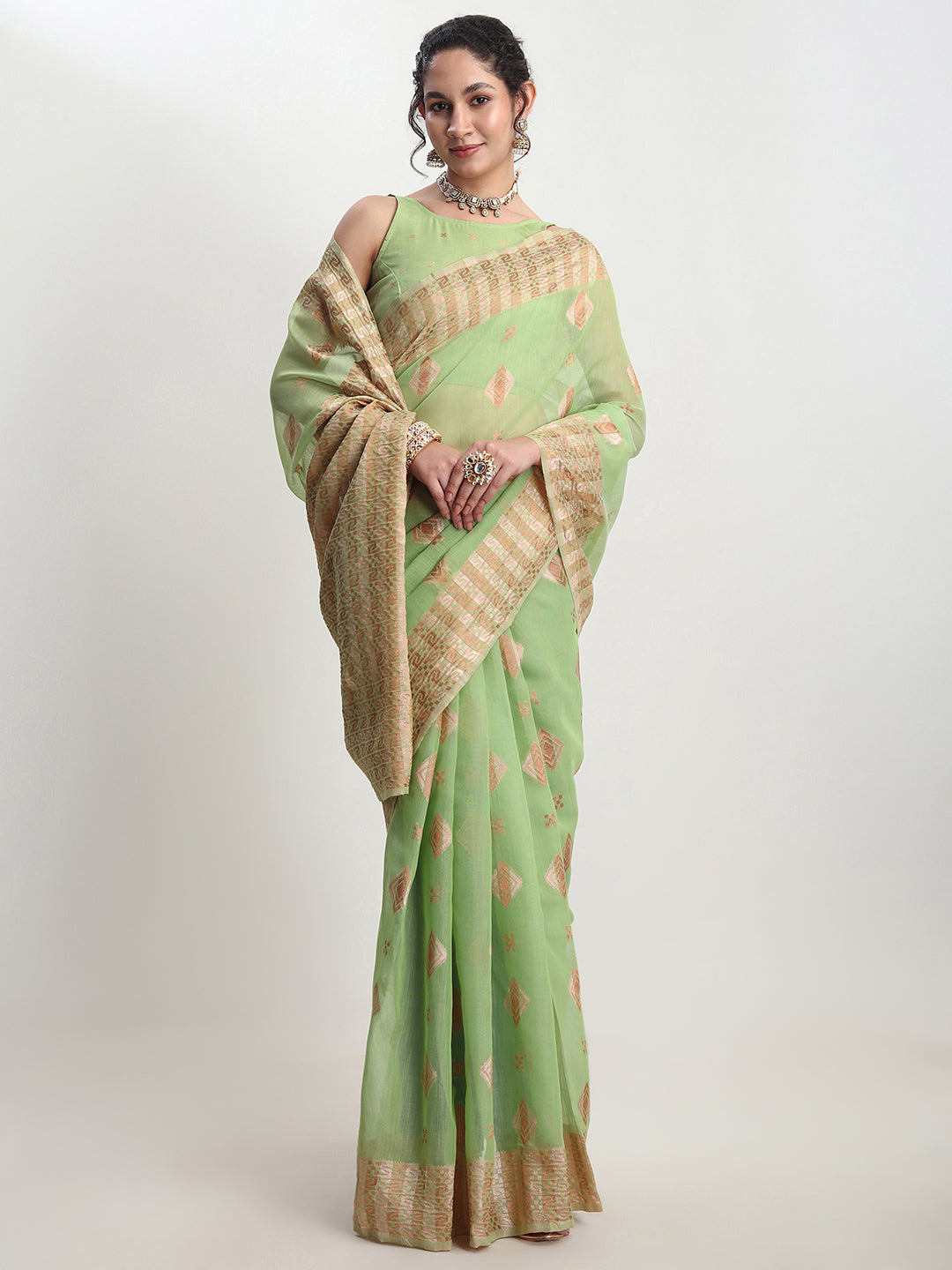 Janasya Green Linen Blend Geometric Jacquard Grab2Buy 