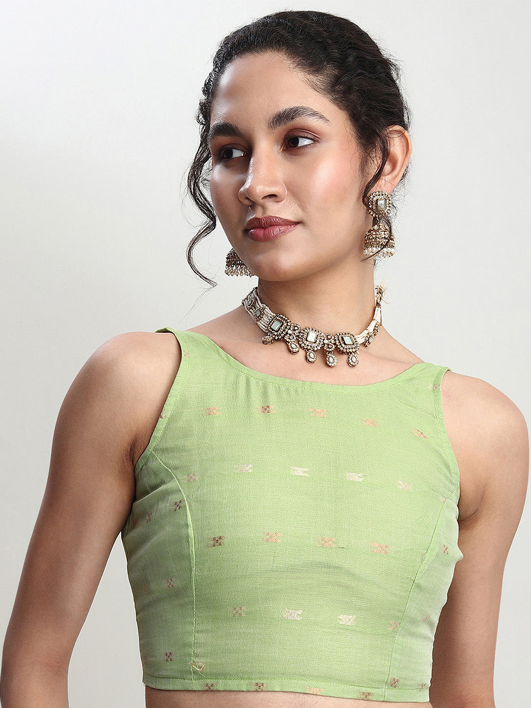 Janasya Green Linen Blend Geometric Jacquard Grab2Buy 