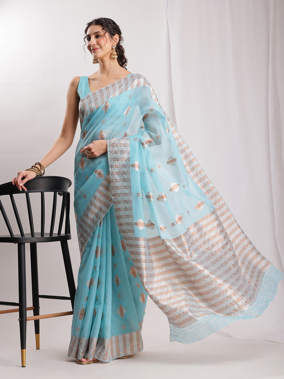 Janasya Sky Blue Linen Blend Geometric Jacquard Grab2Buy 
