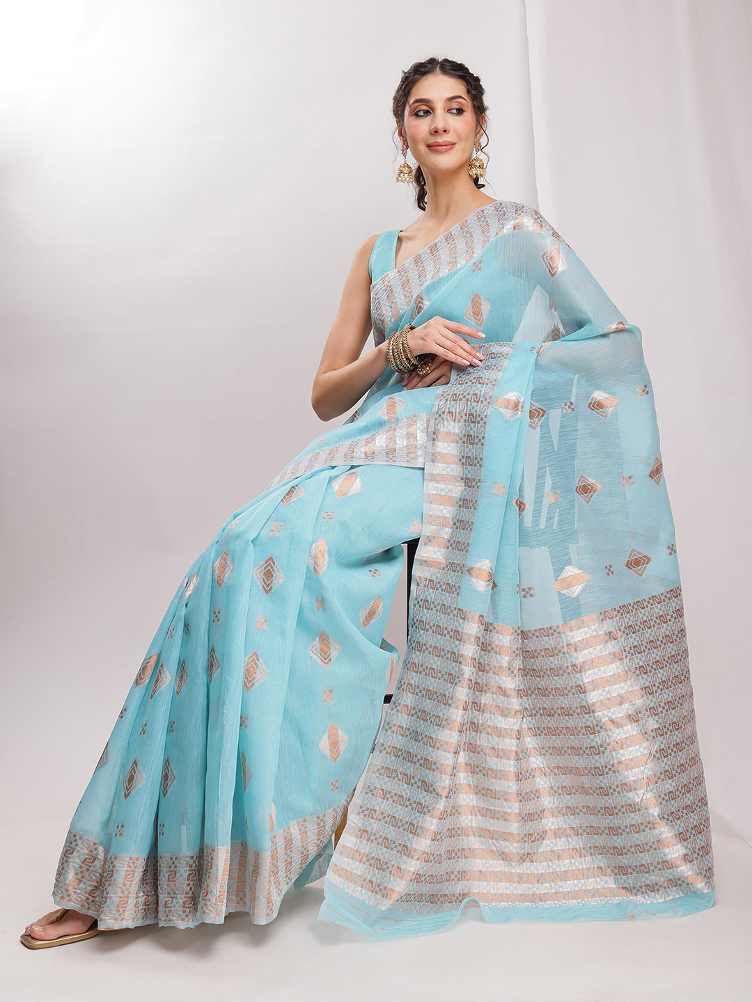 Janasya Sky Blue Linen Blend Geometric Jacquard Grab2Buy 