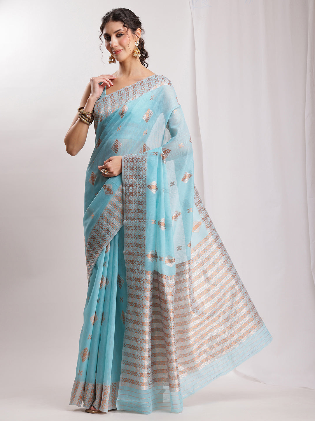 Janasya Sky Blue Linen Blend Geometric Jacquard Grab2Buy 