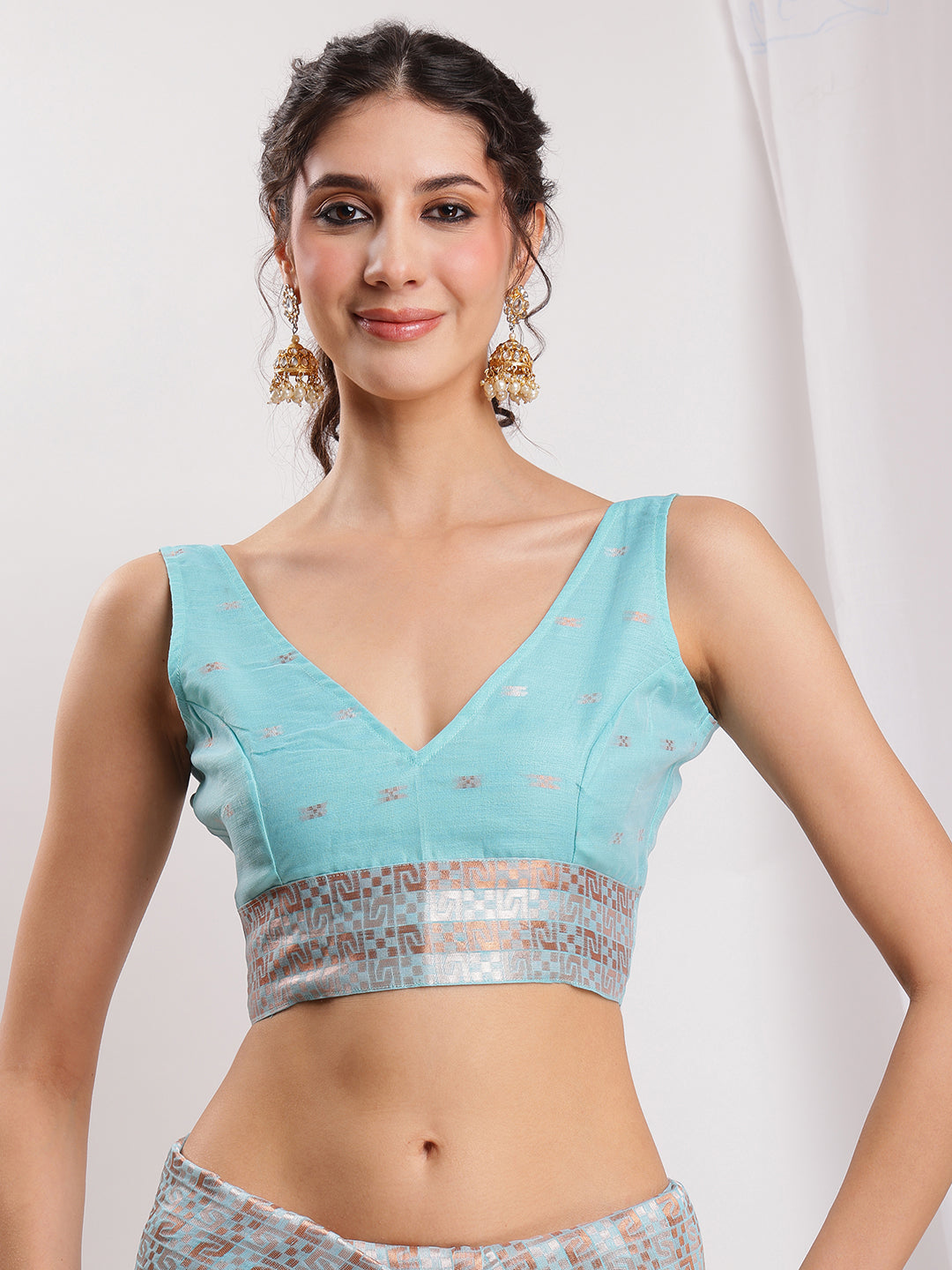 Janasya Sky Blue Linen Blend Geometric Jacquard Grab2Buy 