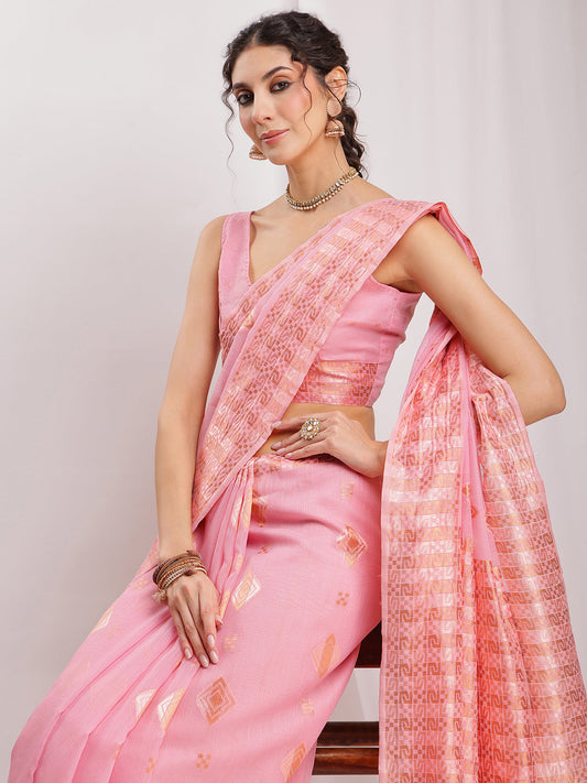 Janasya Pink Linen Blend Geometric Jacquard Grab2Buy 