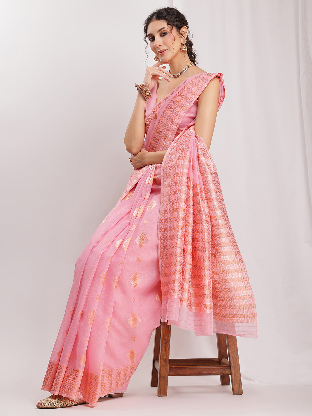 Janasya Pink Linen Blend Geometric Jacquard Grab2Buy 