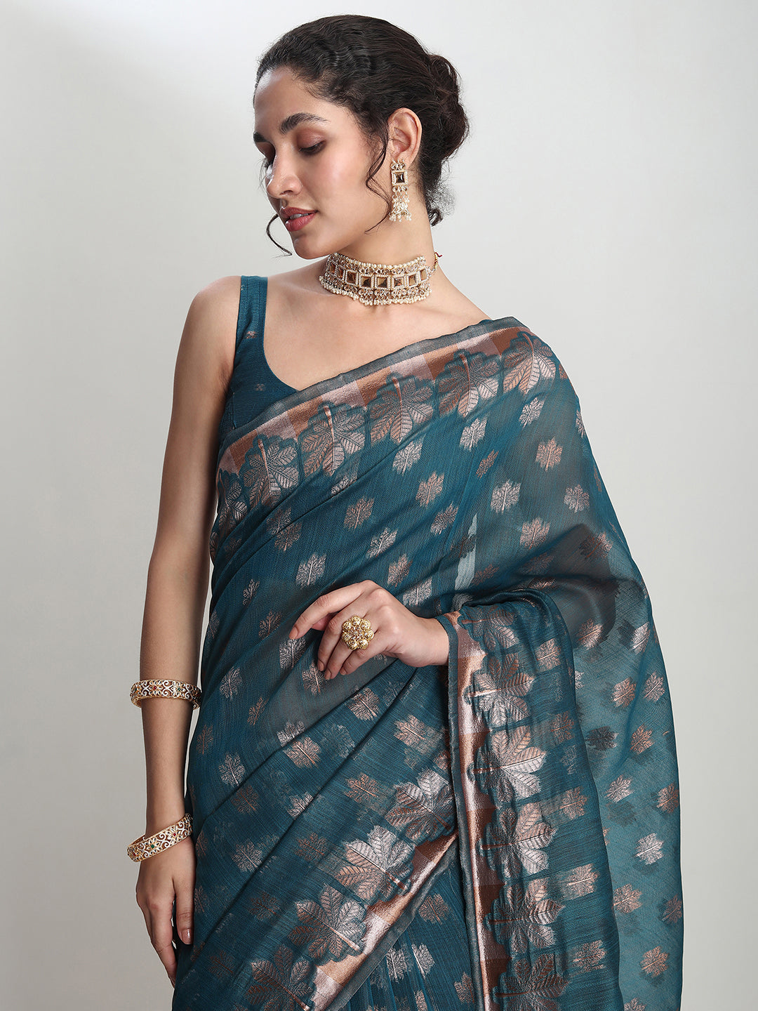 Janasya Teal Blue Linen Blend Floral Jacquard Grab2Buy 