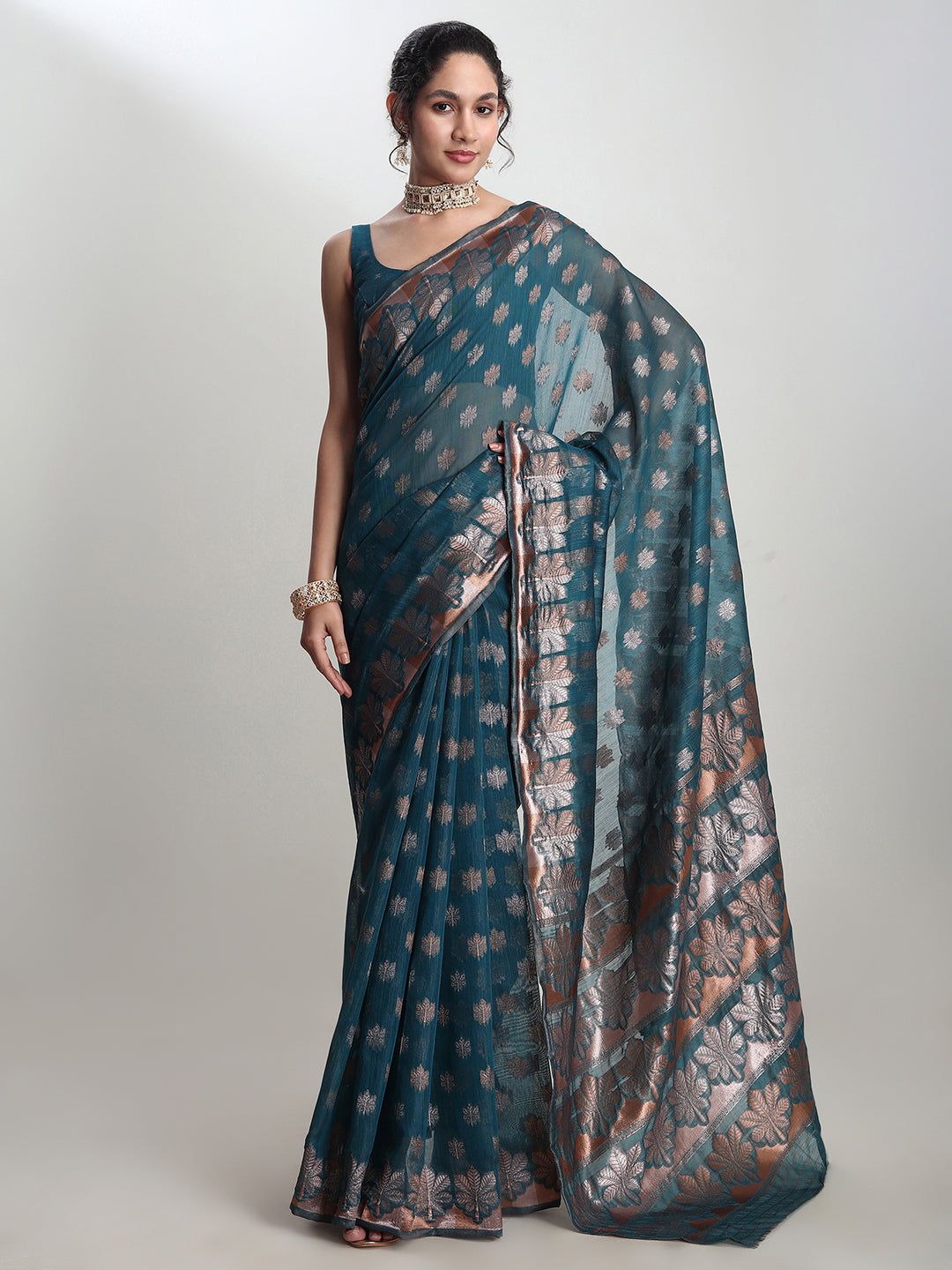 Janasya Teal Blue Linen Blend Floral Jacquard Grab2Buy 