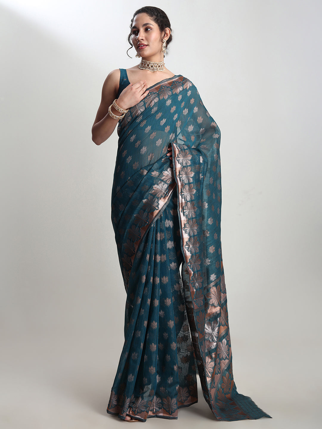 Janasya Teal Blue Linen Blend Floral Jacquard Grab2Buy 
