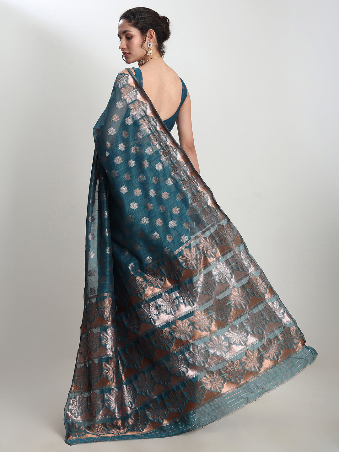 Janasya Teal Blue Linen Blend Floral Jacquard Grab2Buy 