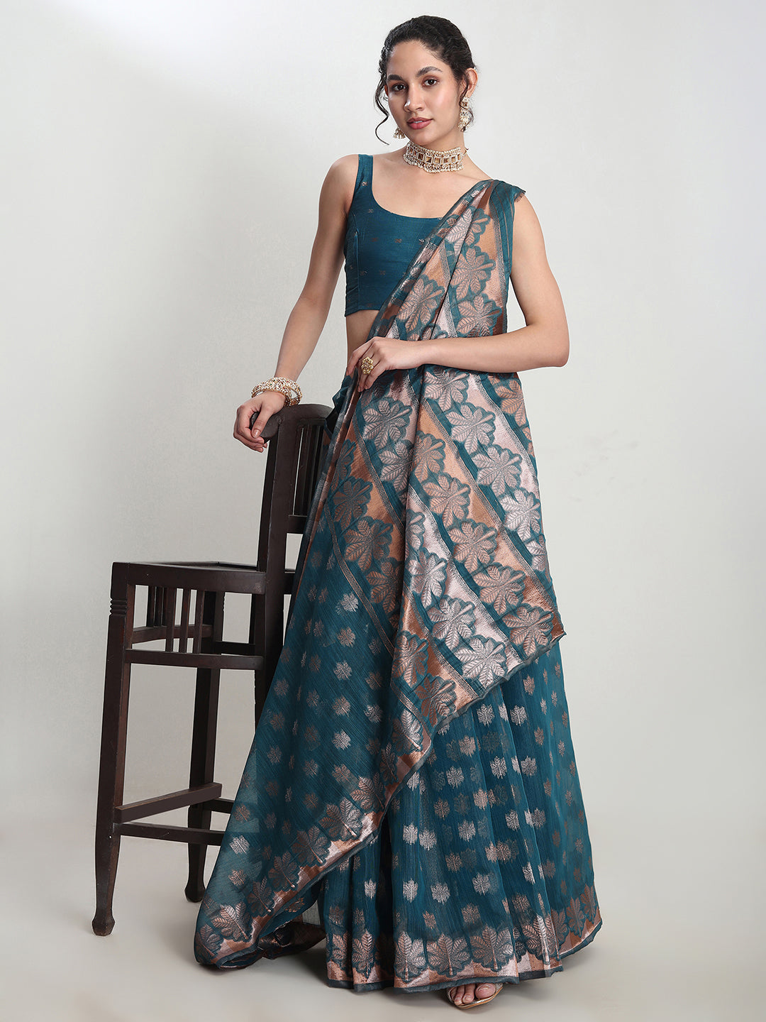 Janasya Teal Blue Linen Blend Floral Jacquard Grab2Buy 
