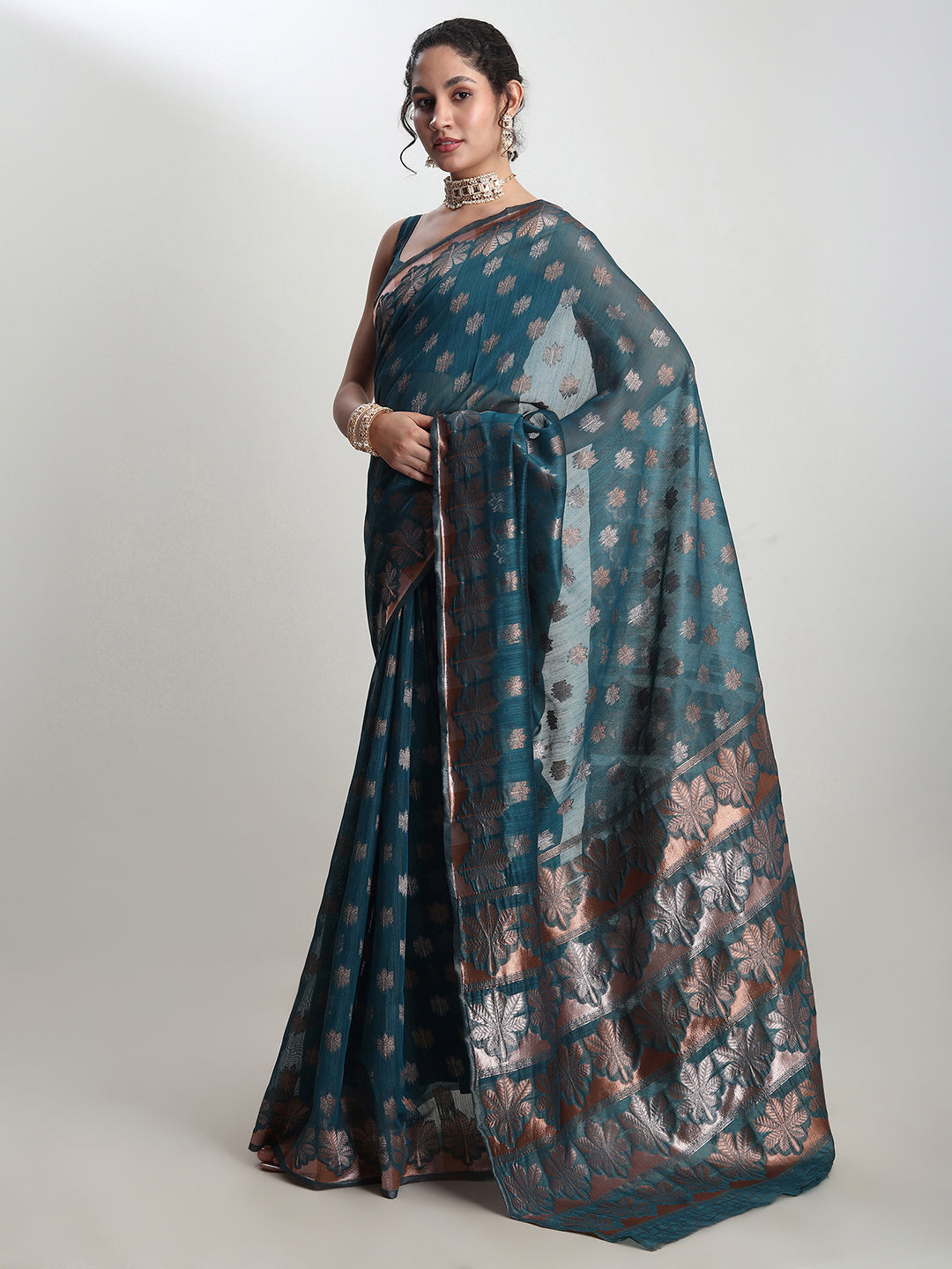 Janasya Teal Blue Linen Blend Floral Jacquard Grab2Buy 
