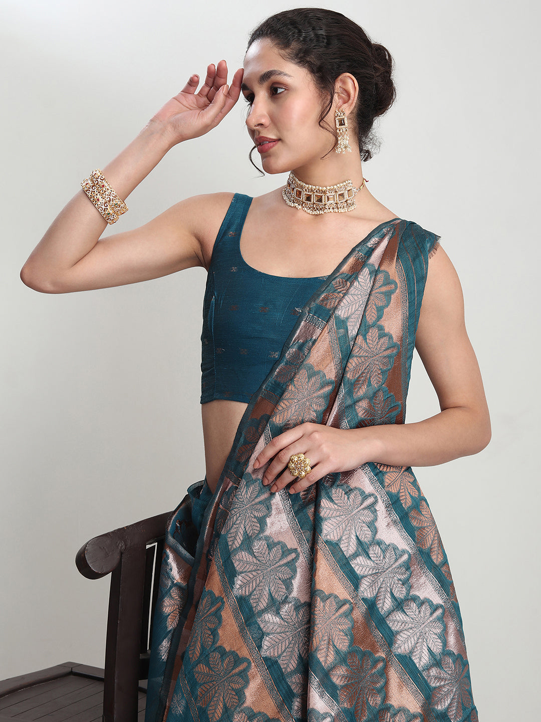 Janasya Teal Blue Linen Blend Floral Jacquard Grab2Buy 