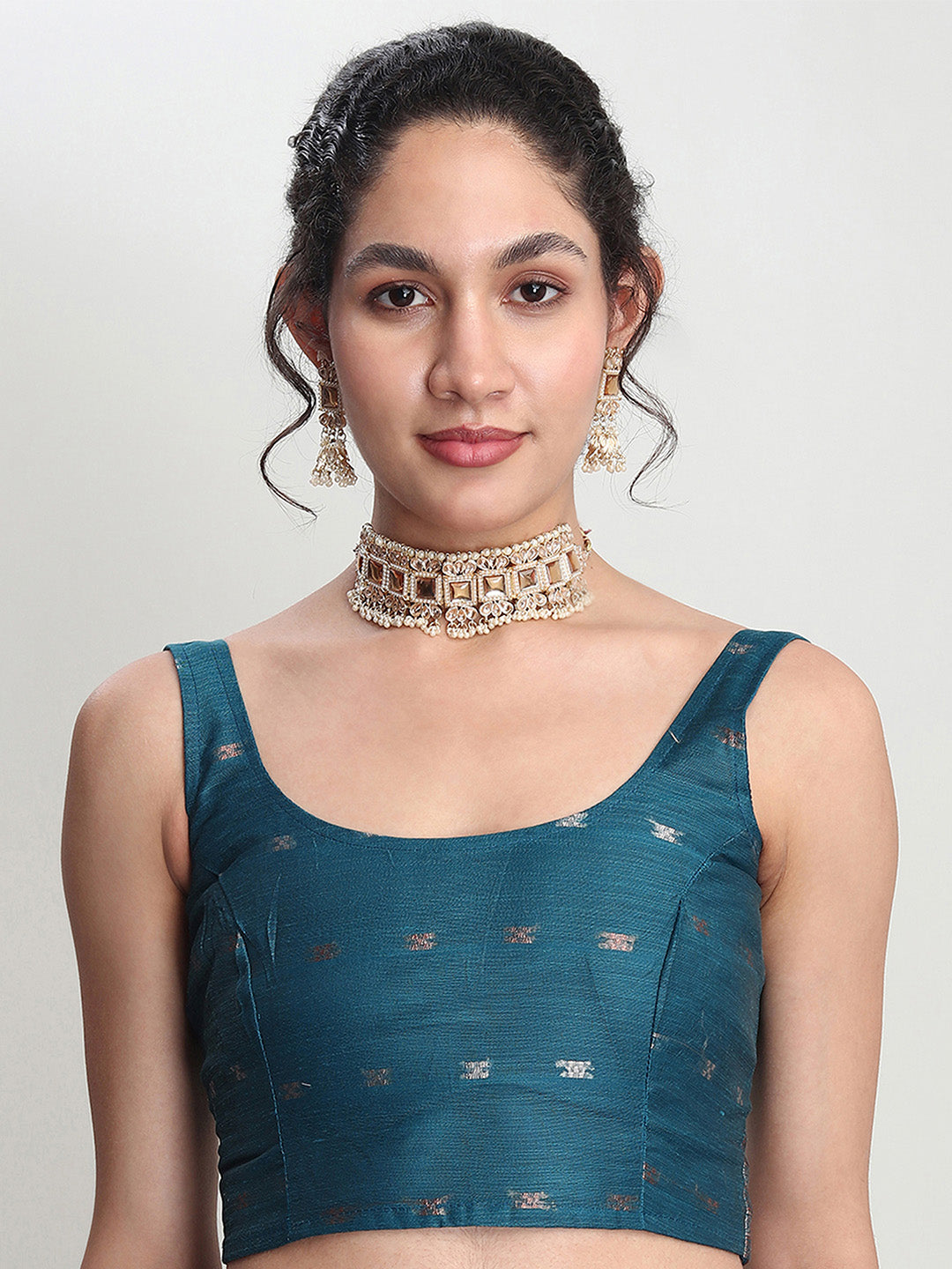 Janasya Teal Blue Linen Blend Floral Jacquard Grab2Buy 