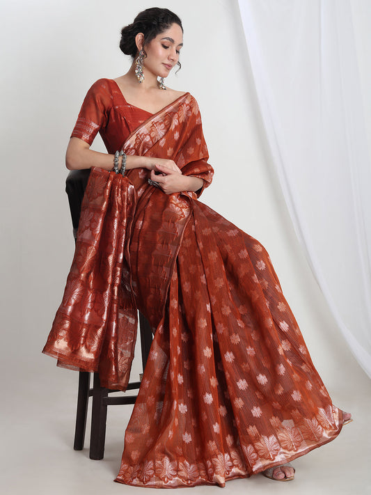 Janasya Rust Linen Blend Floral Jacquard Grab2Buy 