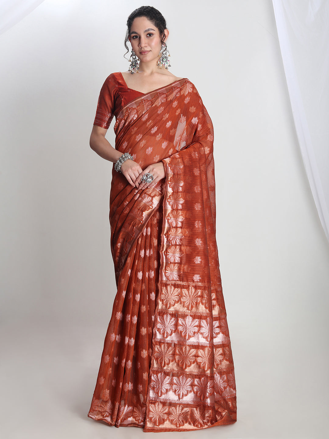 Janasya Rust Linen Blend Floral Jacquard Grab2Buy 