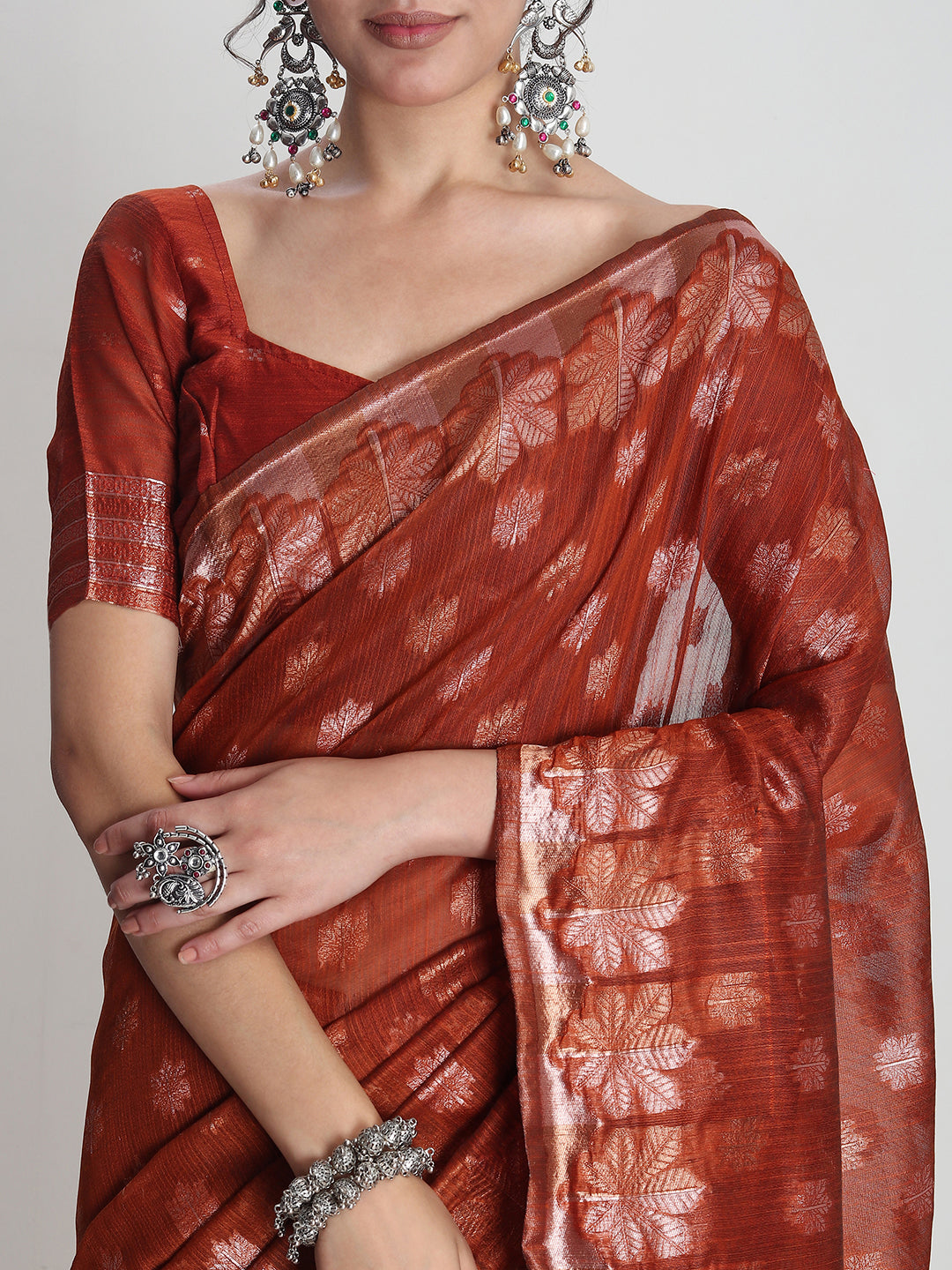 Janasya Rust Linen Blend Floral Jacquard Grab2Buy 