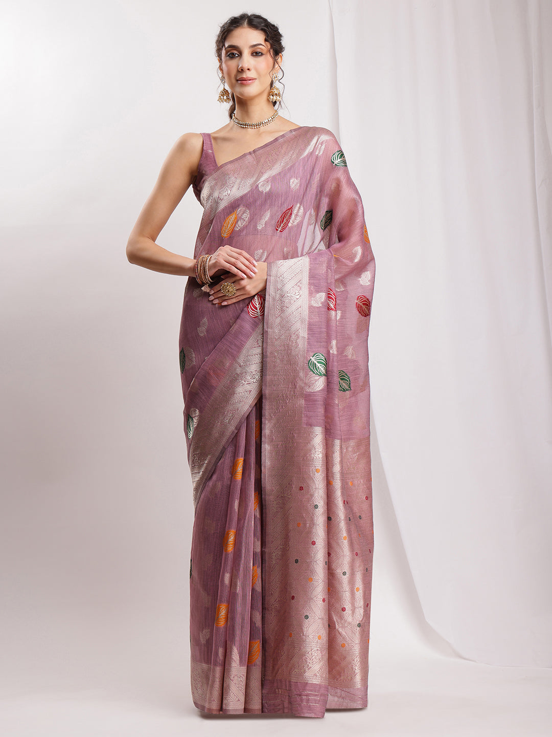 Janasya Mauve Linen Blend Floral Jacquard Grab2Buy 