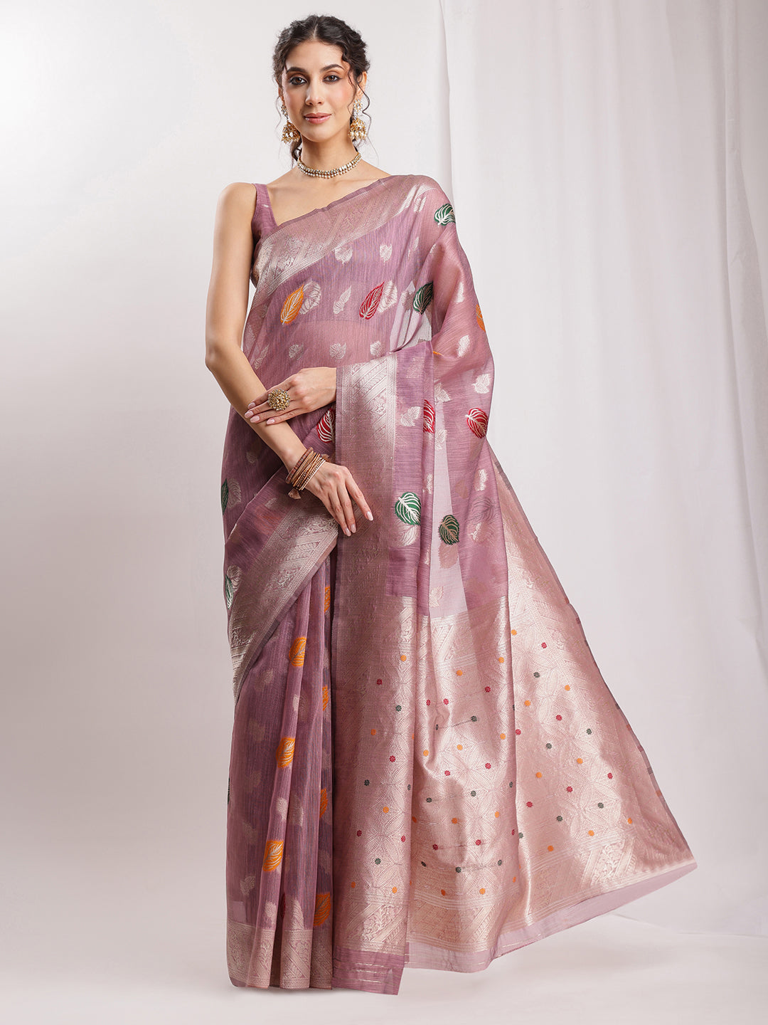Janasya Mauve Linen Blend Floral Jacquard Grab2Buy 