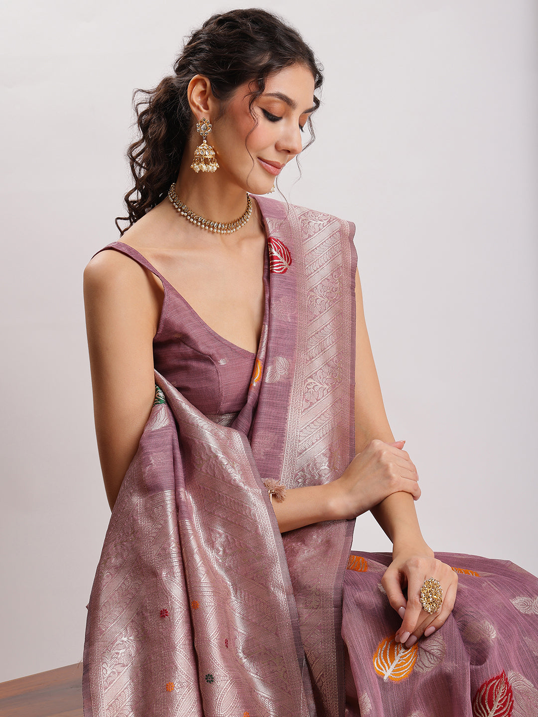 Janasya Mauve Linen Blend Floral Jacquard Grab2Buy 