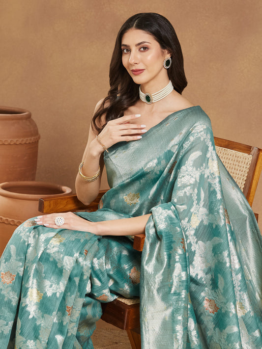 Janasya Sea Green Linen Blend Floral Jacquard Grab2Buy 