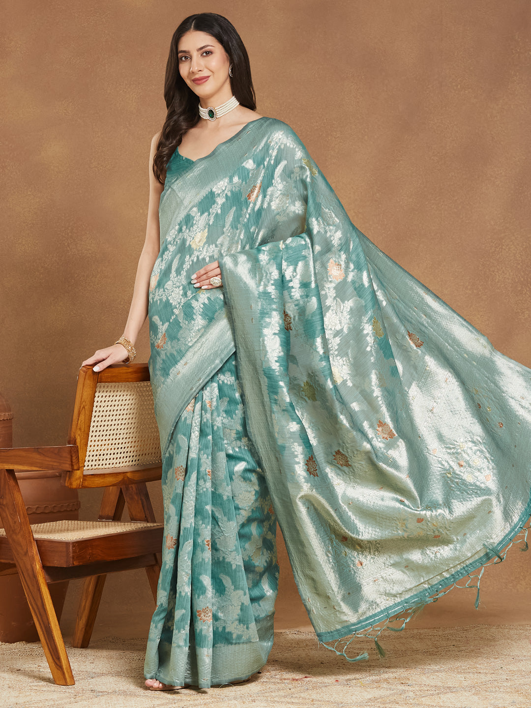 Janasya Sea Green Linen Blend Floral Jacquard Grab2Buy 